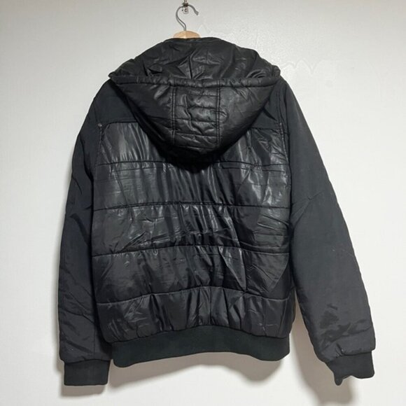 GUESS Black Puffer Bomber Jacket Men’s Size L Hooded Faux Leather Trim - Picture 10 of 14